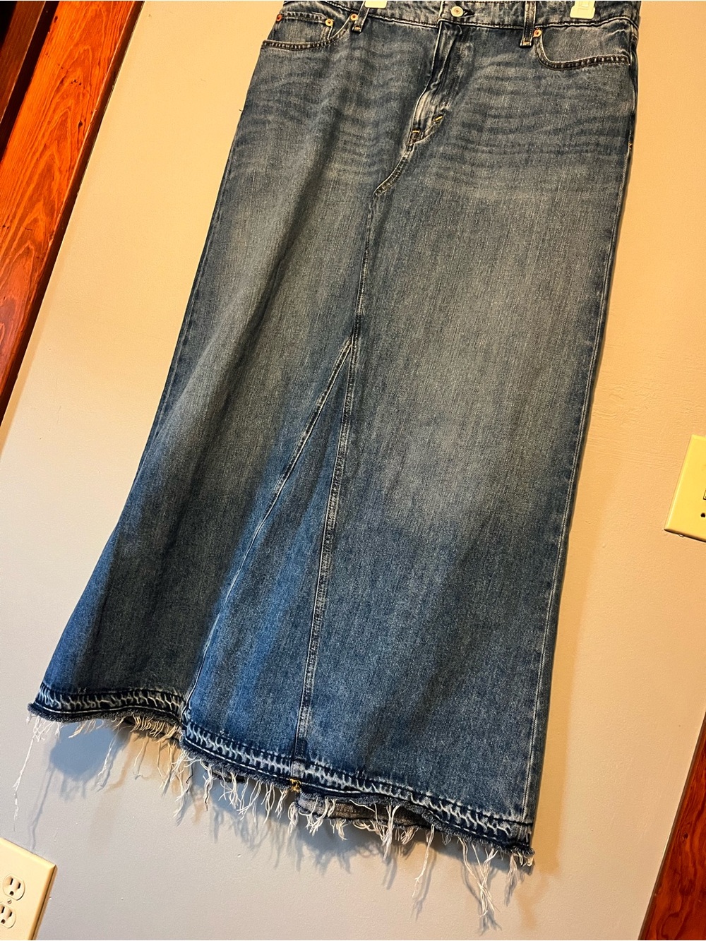 Lucky Brand Distressed floor length Maxi Denim Skirt in Medium Blue 32” waist